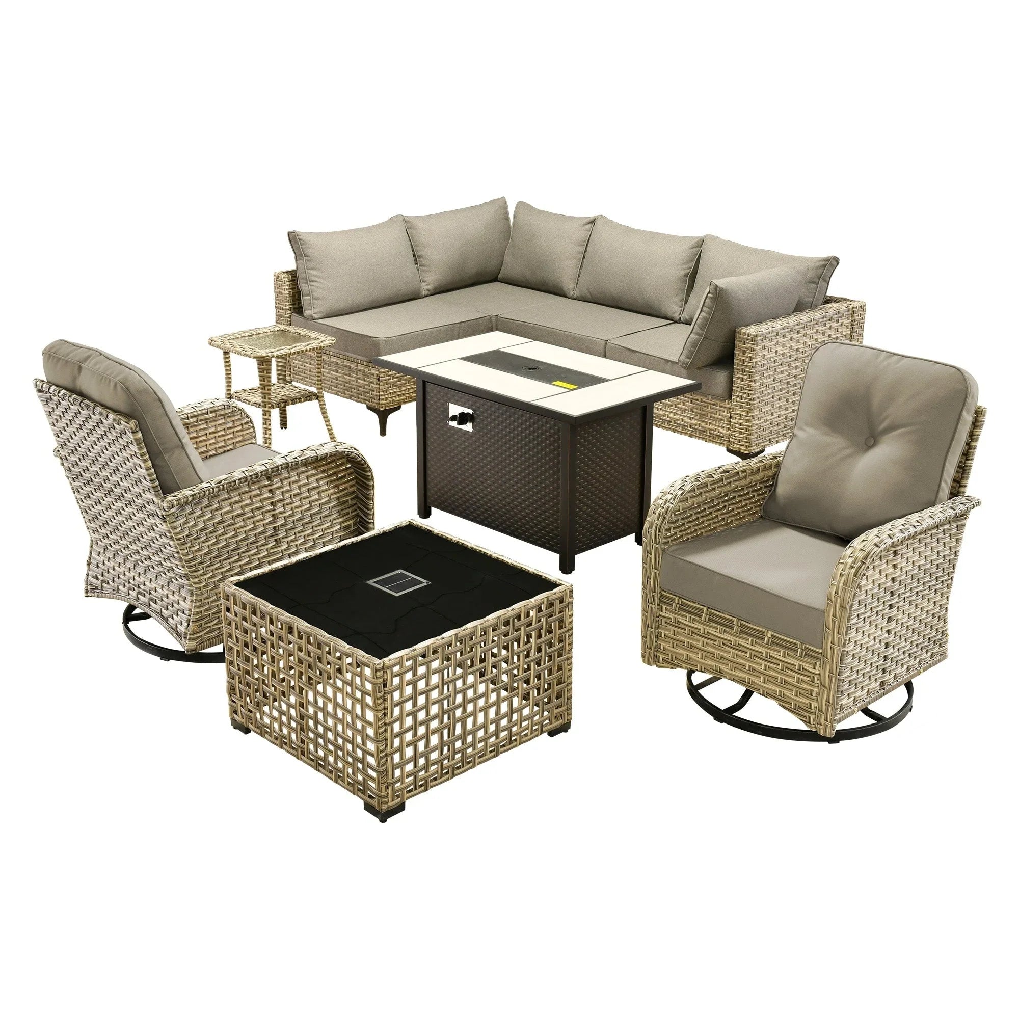 OVIOS 9 Pieces Outdoor Wicker Swivel Chair Set With Fire Table – Image 65