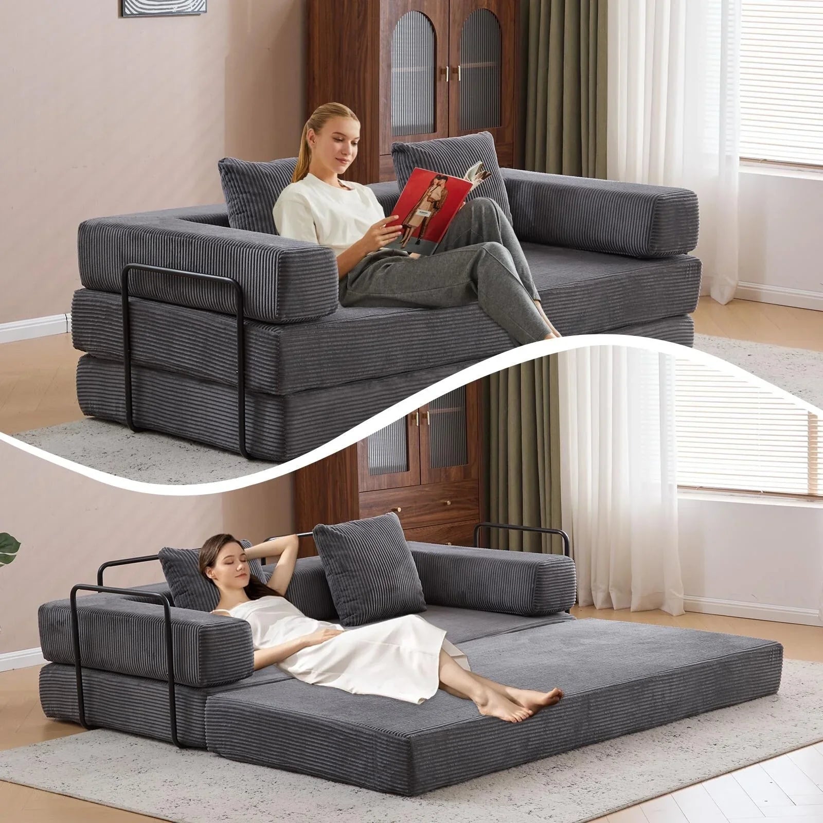 Convertible Floor Sofa Bed with Pillow Back Chenille Fabric for Living Room Bedroom – Image 17