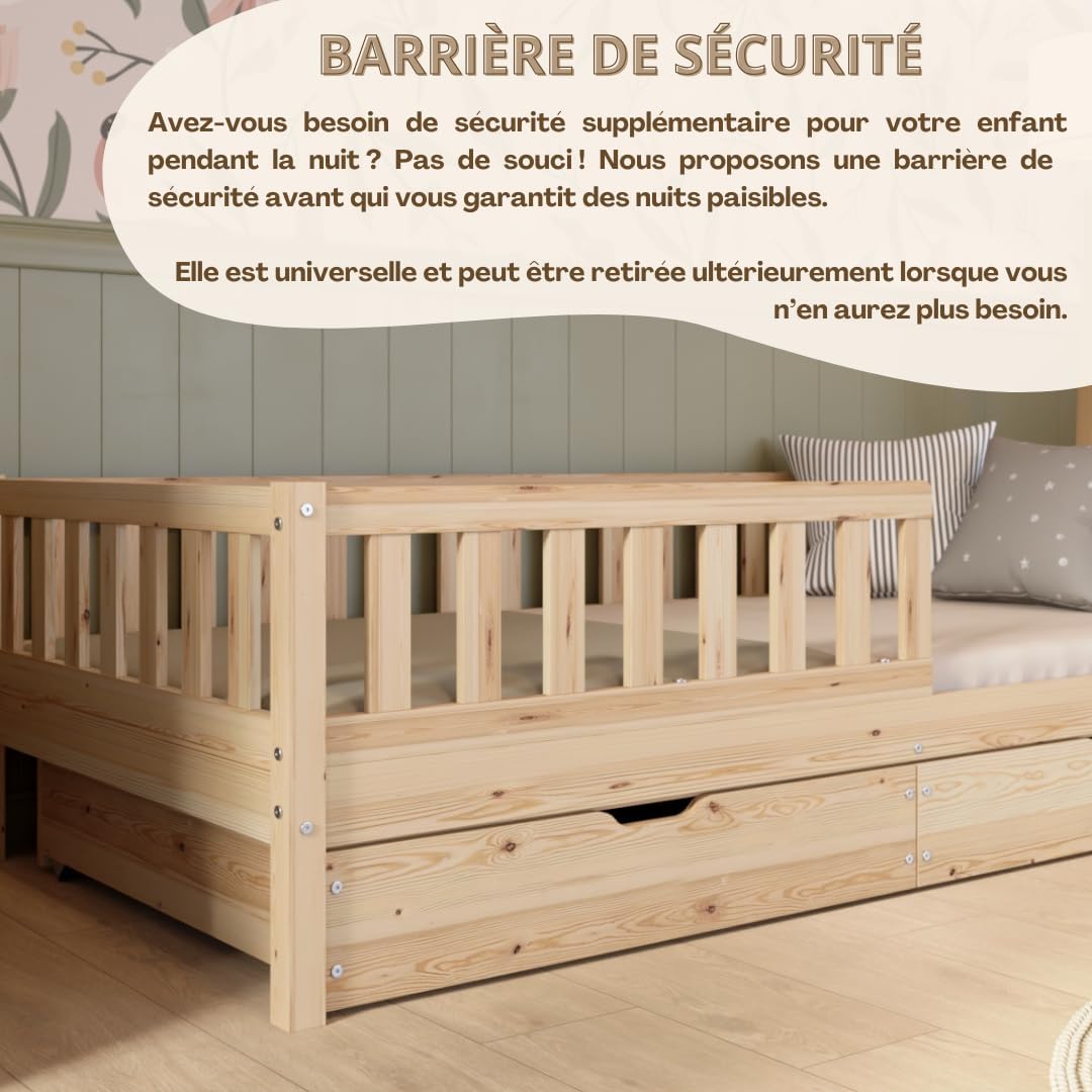 Lit Enfant avec Tiroirs 190x90 cm – Montessori au Sol en Bois Massif avec Barrière – Sécurisé pour Tout-Petit – Design Scandinave, Montage Facile - Crazy Basic – Image 5