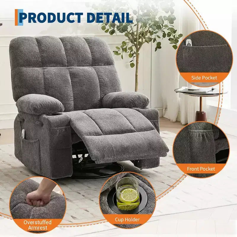 Oversized Recliner Chair for Adults, Manual Swivel Rocker Sofa, Side Pockets & Cup Holders for Big and Tall Persons, Living Room – Image 10