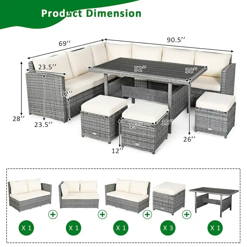 7 Pcs All-Weather Patio Rattan Dining Furniture Sectional Sofa Set with Wicker Ottoman and Cushed Couch – Image 38