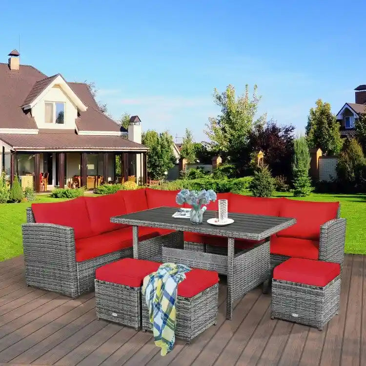 7 Pcs All-Weather Patio Rattan Dining Furniture Sectional Sofa Set with Wicker Ottoman and Cushed Couch – Image 29
