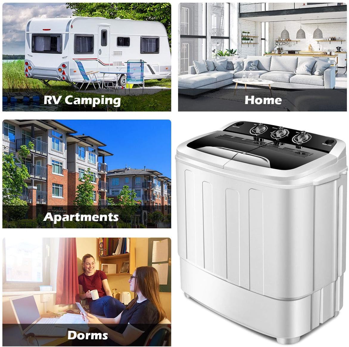 Giantex Compact 13 Lbs Mini double machine à laver et sèche-linge 23 L 14 W 27 H Blanc / noir – Image 4