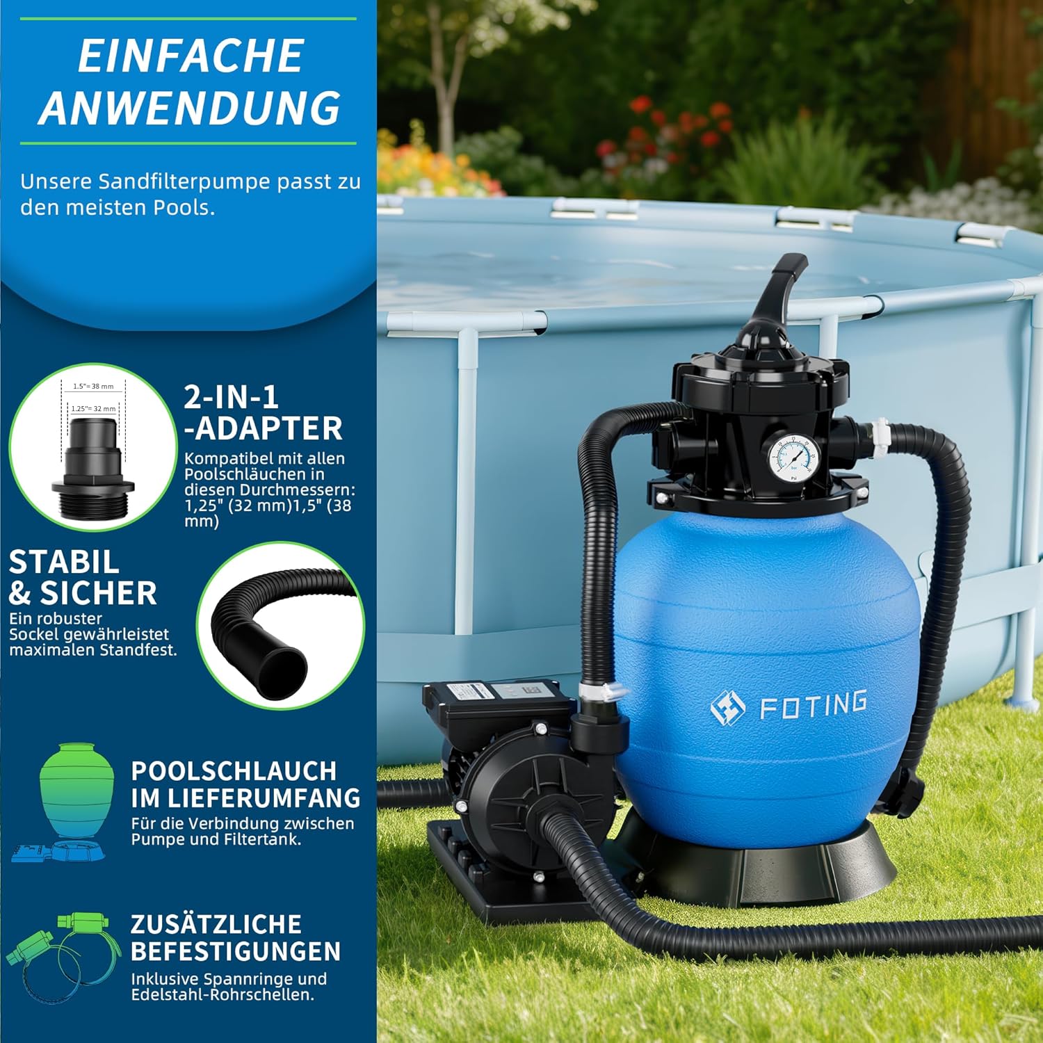 FOTING Système de Filtre à Sable pour Piscine 11 500 L/h (11,5 m³/h) INCL. 200 g de Billes Filtrantes, Filtre de Piscine avec Vanne 7 Voies, Minuterie 24 h, Adaptateur 2-en-1 Ø32–38 mm – Image 12