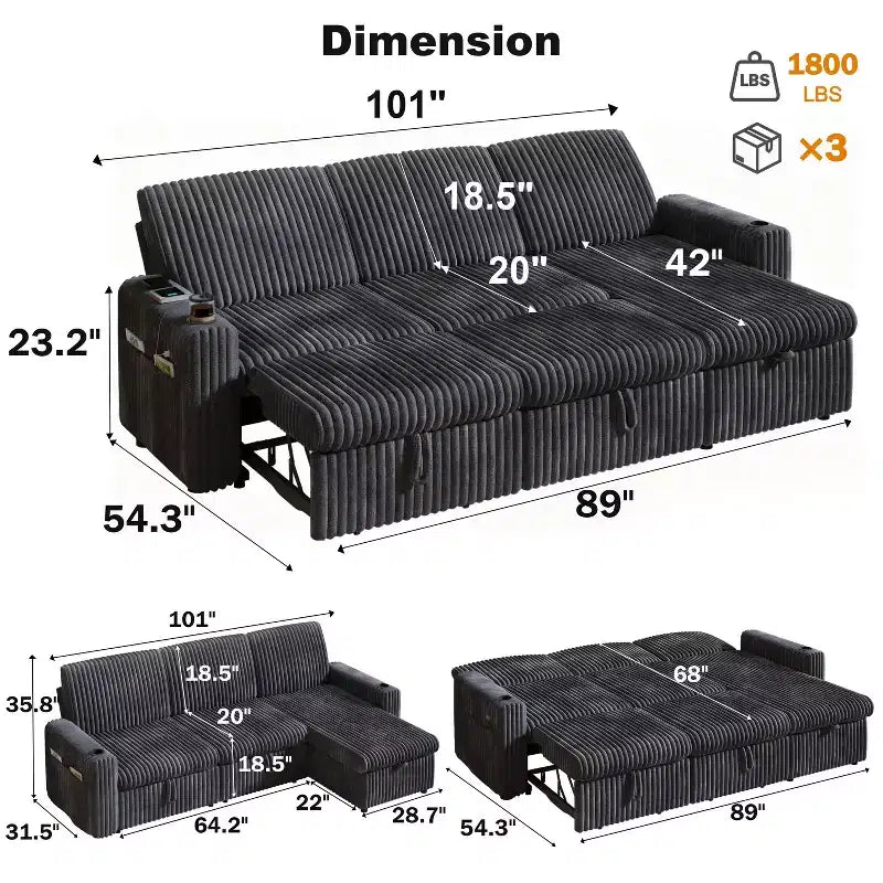 L-Shaped Sectional Sleeper Sofa with Pull-Out Bed, USB Ports & Storage – Image 32
