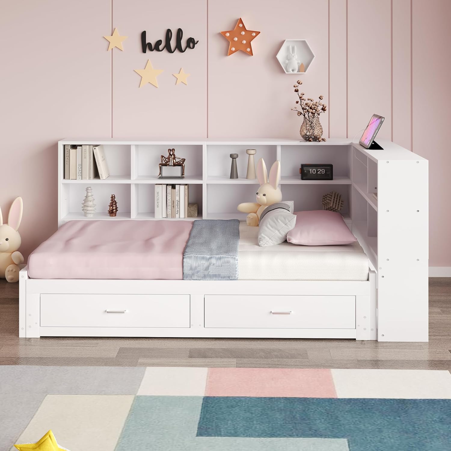 Lit Gigogne 90x190 cm + 180x190 cm - Lit en Bois avec Rangement et Prise Intégrée, Structure Pin et MDF, Matelas Non Inclus - Blanc – Image 3