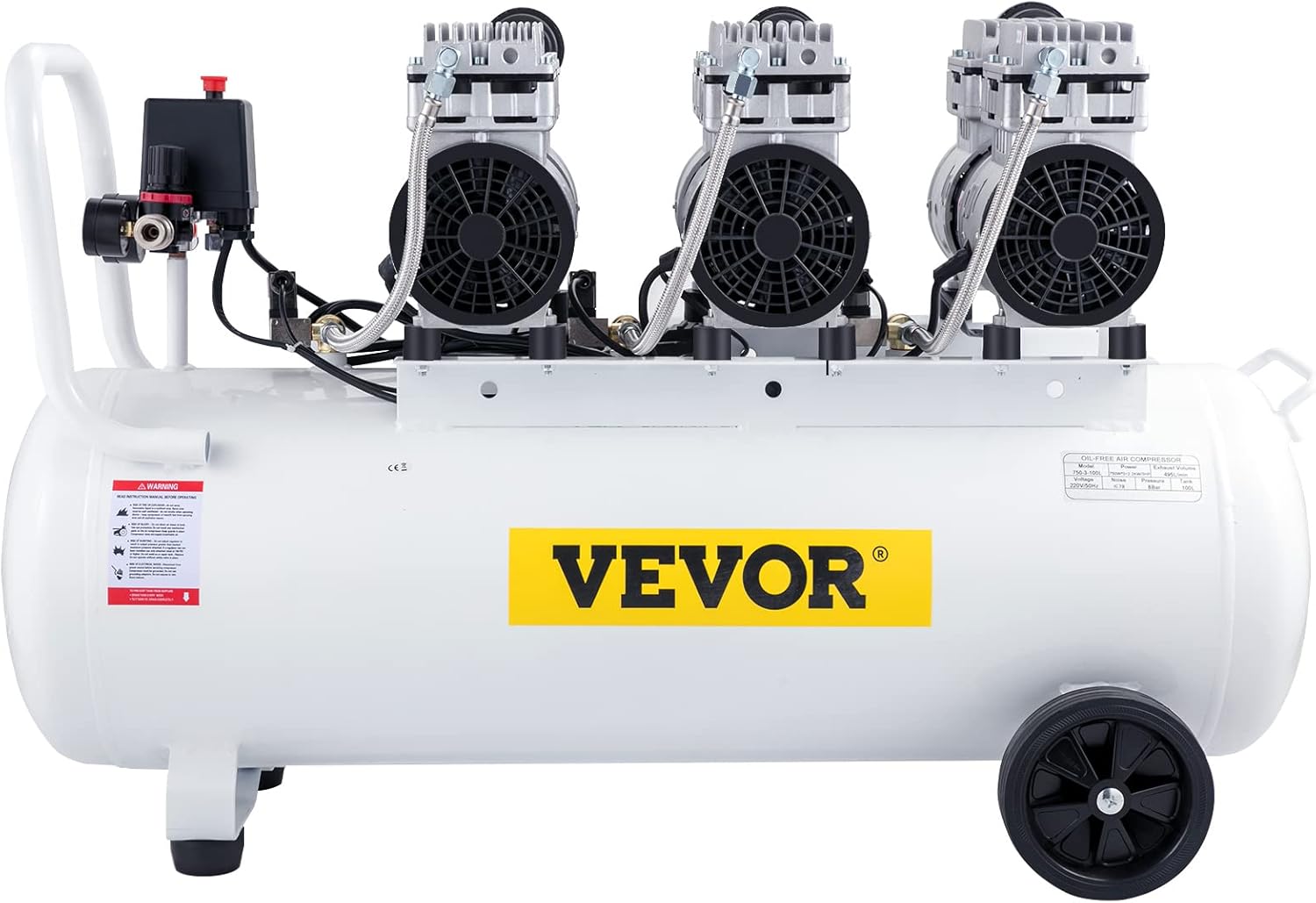 VEVOR Compresseur d’Air sans Huile Compresseur Silencieux à Air Comprimé Compresseur Outil d’Atelier pour Réparations Domiciliaires, Gonflage de Pneus (100L 2.2KW, Électrovanne) – Image 9