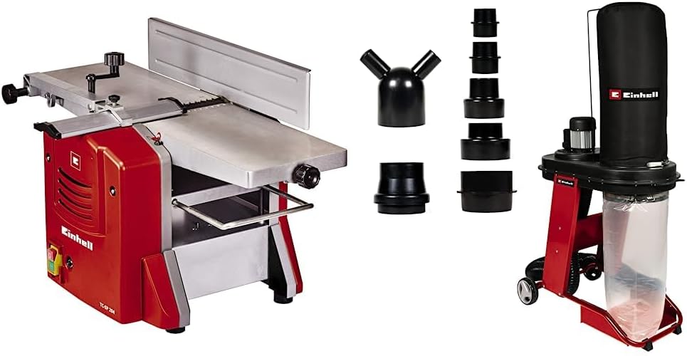 Einhell Raboteuse Dégauchisseuse Stationnaire TC SP 204 (1500 W, Vitesse à Vide 9000 tr/min, Largeur de Travail Max 204 mm, Pieds Anti-Vibrations) + Centrale d’aspiration TE-VE 550/1 A