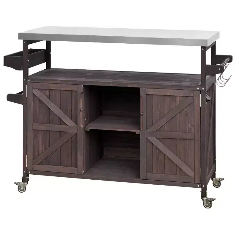 Outdoor Kitchen Island with Stainless Steel Top, Wooden Kitchen Cart with Doors, Shelves and Spice Rack, Rolling Kitchen Island – Image 19
