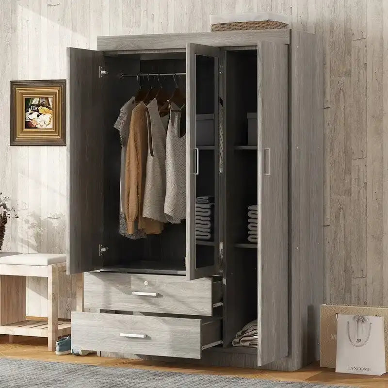3-Door Mirror Wardrobe with Shelves and 2 Drawers – Image 12