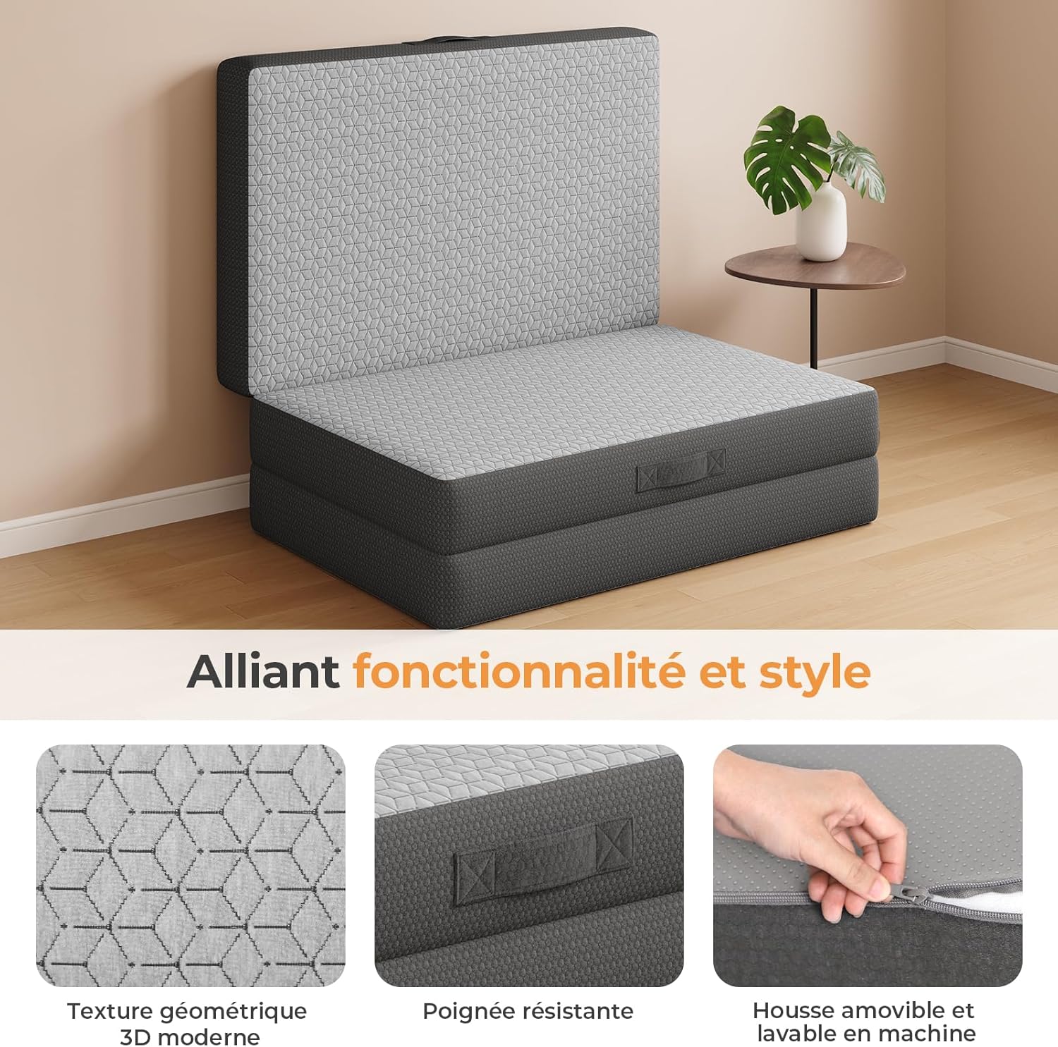 Vesgantti Matelas Pliable 120x190x15 cm avec Sac de Transport, Matelas d’Appoint Adulte en Mousse à Mémoire de Forme Gel, Lit Pliant pour Camping, Voyage, Voiture et Invités, Gris – Image 4