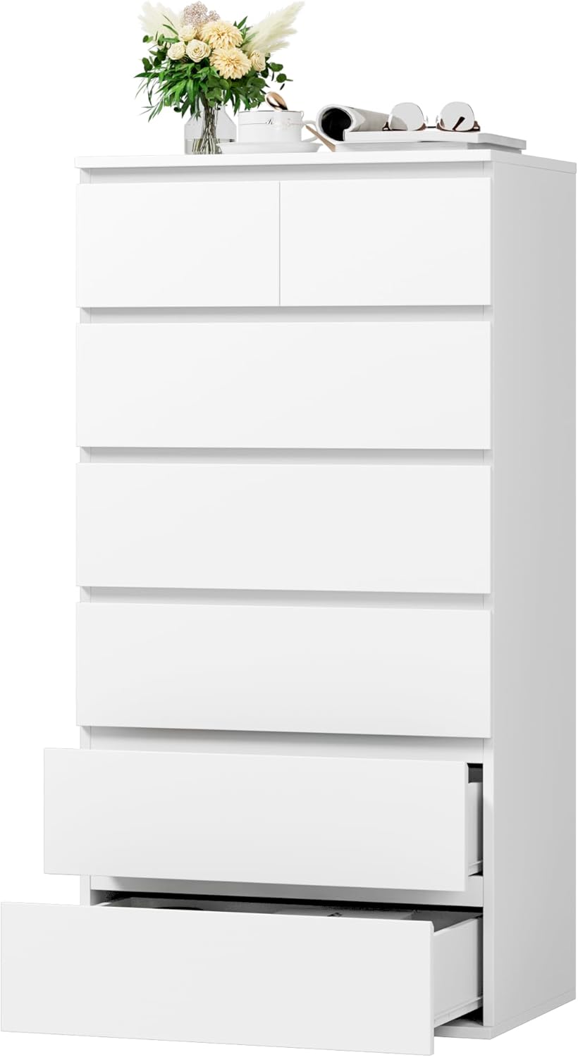 FOREHILL Commode 7 Tiroirs Commode Chambre Adulte Chiffonnier Haut Commodes Rangement Blanche Armoire à Tiroirs pour Salon Couloir en Bois 60x40x119cm – Image 7
