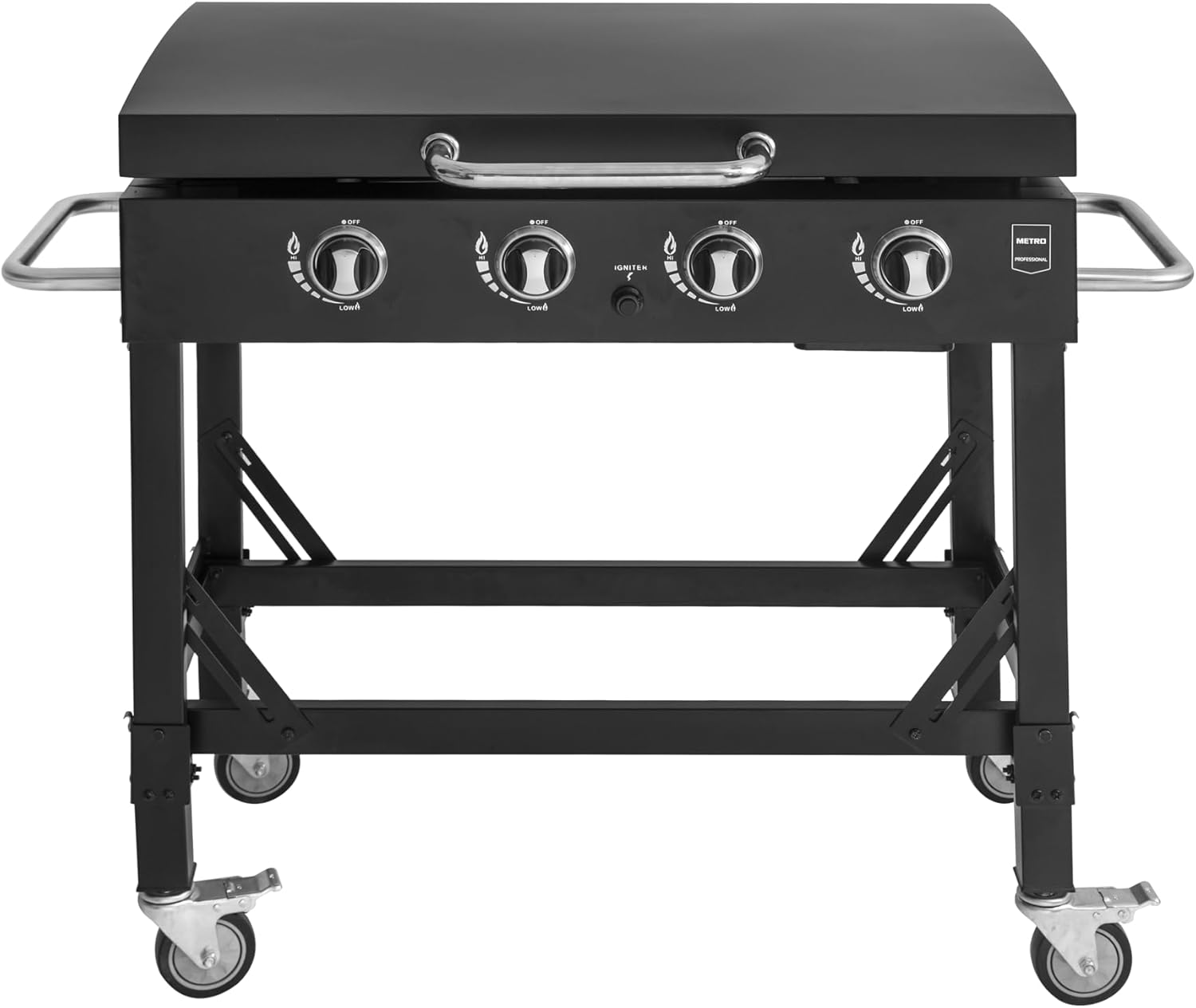 METRO PROFESSIONAL Barbecue Plancha à Gaz avec 4 Brûleurs Dayton, Acier Inoxydable, 14.8 kW, Allumage par Impulsion, 4 roulettes Pivotantes, Pliable, Noir – Image 2