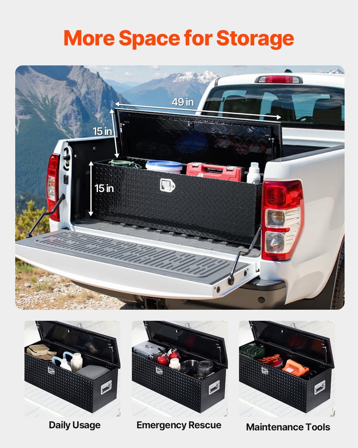 VEVOR Boîte à outils pour camion en aluminium, 1244,6 x 381 x 381 mm, coffre de benne de pick-up avec poignées latérales et clés de verrouillage, pour remorque, benne de camion, camping-car, noir – Image 2