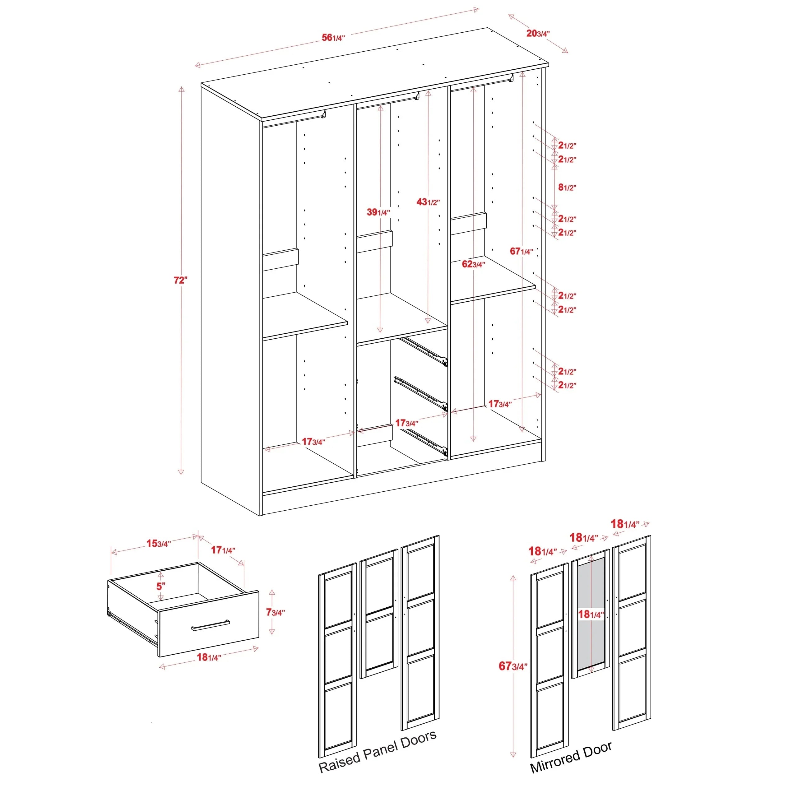 Palace Imports 100% Solid Wood Cosmo 3-Door Wardrobe Armoire with Solid Wood or Mirrored Doors – Image 32