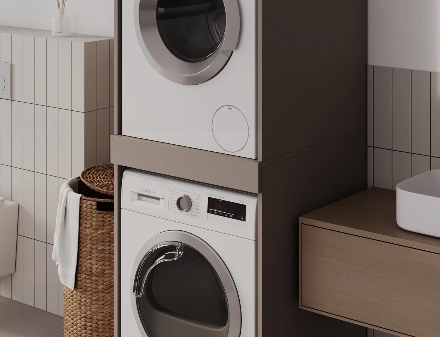 PLATAN ROOM Armoire superposée pour machine à laver et sèche-linge - 187 x 65 x 66 cm - Gris Argile – Image 7