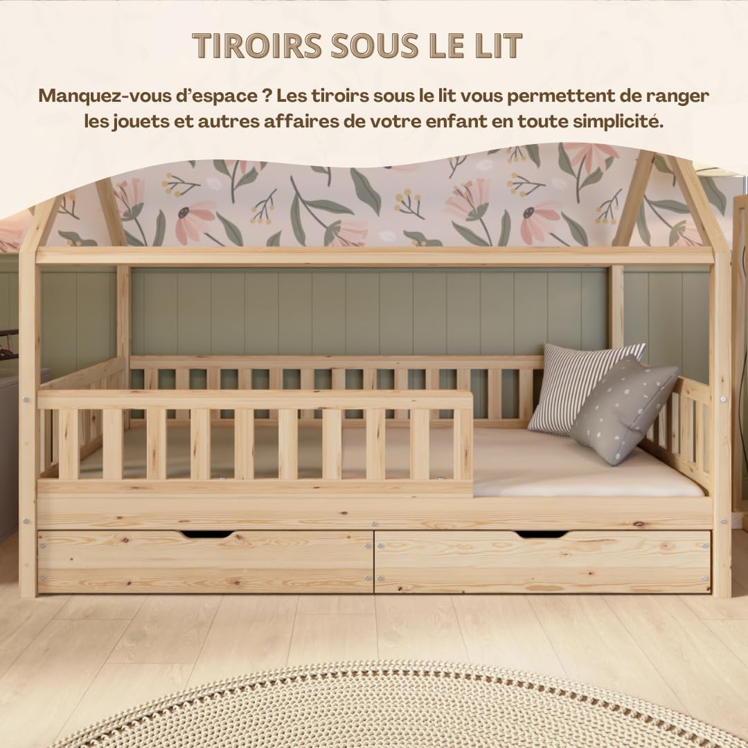 Crazy Blanco Lit de maison avec tiroirs, 90 x 190 cm, en bois naturel, avec protection anti-chute, design scandinave, lit de sol Montessori avec espace de rangement supplémentaire – Image 7