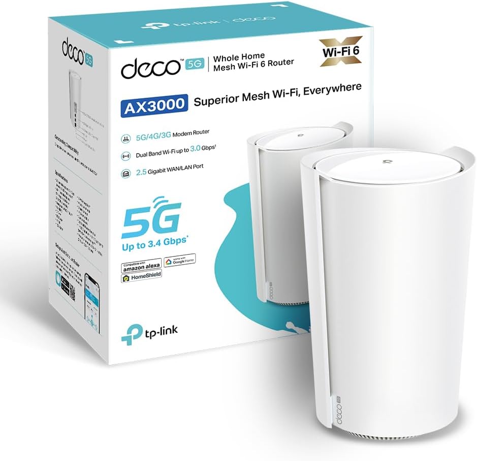 TP-Link Routeur 5G Deco X3000-5G Mesh Routeur WiFi 6 Bi-Bande AX3000Mbps, Port 2.5G, 2 Ports Gigabit, WiFi Mesh Box 5G SIM, Configuration Facile, Modem 5G, Déverrouillé Compatible Toute SIM