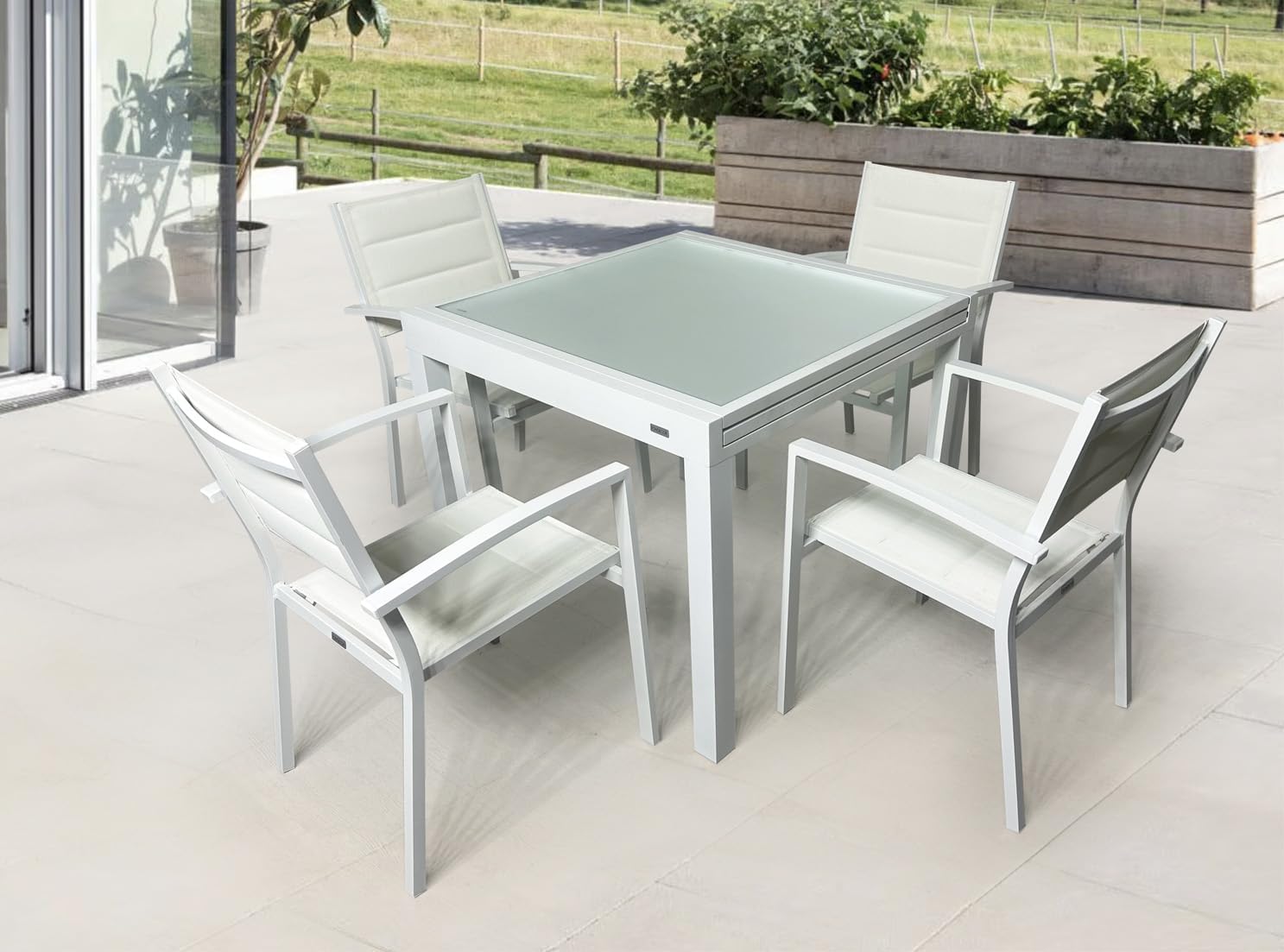 MOMMA HOME Table extensible de jardin en aluminium et verre trempé - Table carrée extensible d'extérieur - Dimensions 90/150 x 90 x 74 cm (blanc) – Image 7