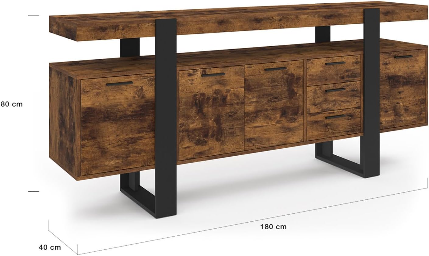 IDMarket - Buffet 180 cm Phoenix XXL 4 Portes avec 3 tiroirs Bois Effet Vieilli et Noir – Image 3