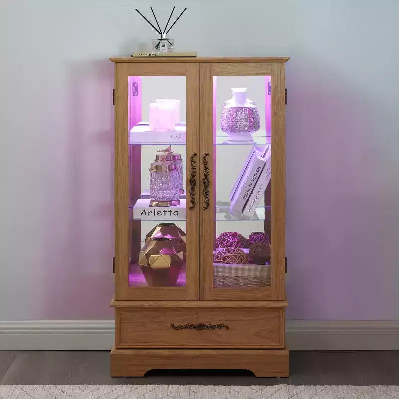 Lighted Glass Curio Cabinet with Adjustable Shelves - Elegant 2-Door Display Cabinet & Built-in Drawer, Includes Bulb – Image 35