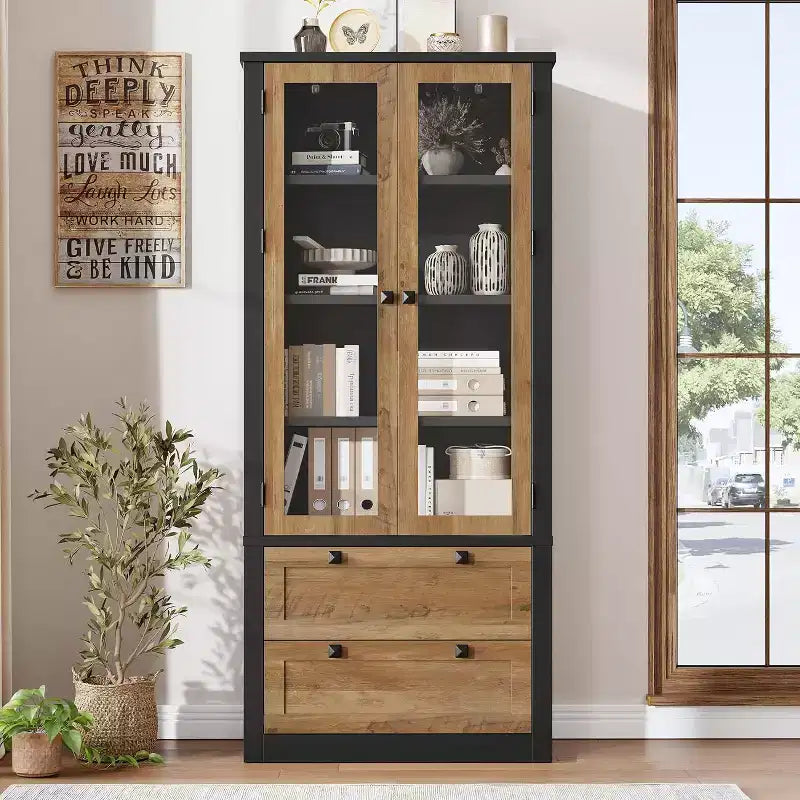 Farmhouse Kitchen Pantry Cabinet with Glass Doors, 72in Storage Cupboard with Drawers and Adjustable Shelves for Dining Room Bathroom Living Room – Image 8