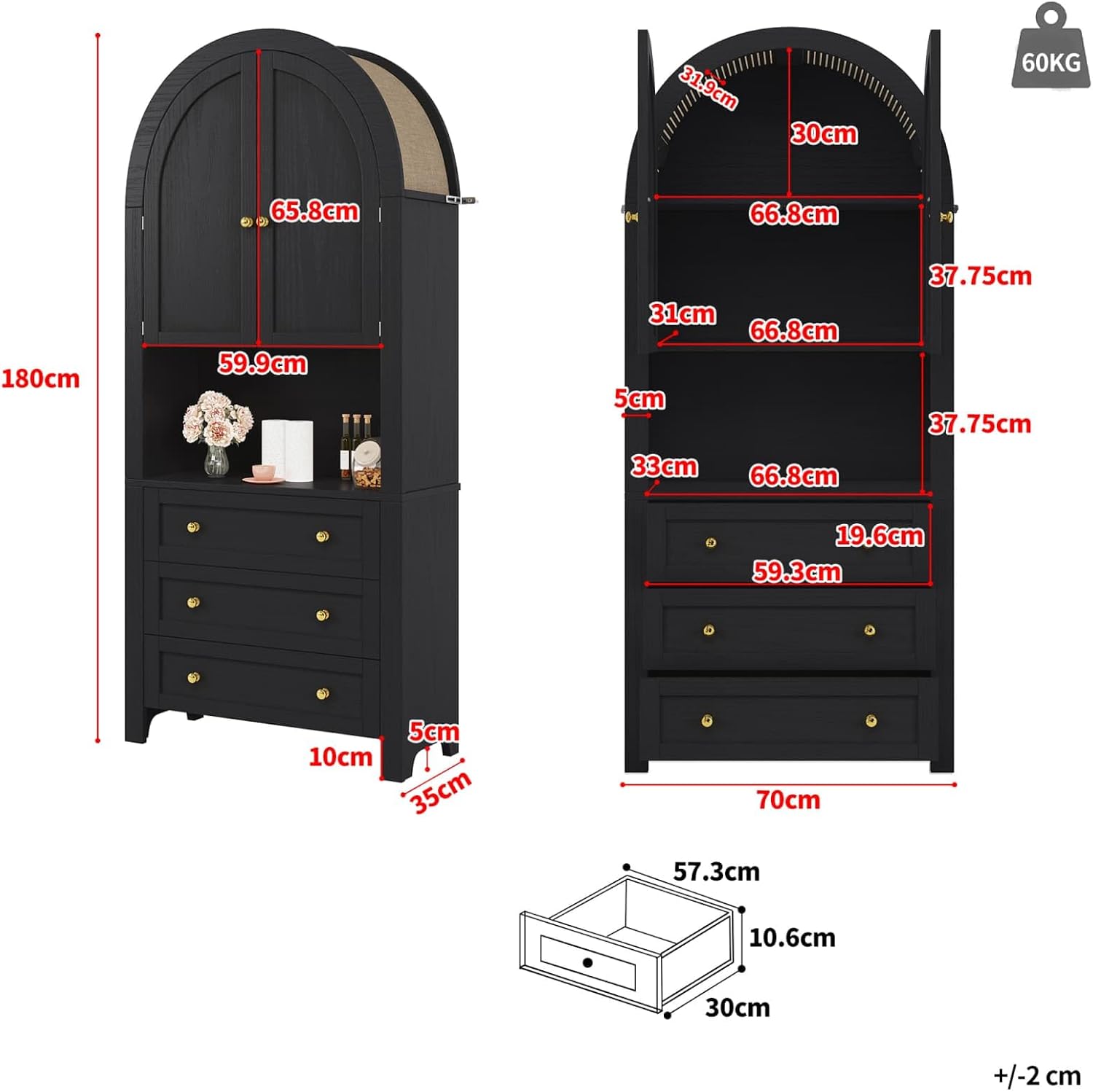 KOMHTOM Armoire de Rangement Haute, Armoire en Bois, Meuble de Rangement, Conception avec Dessus Incurvé, 3 Tiroirs, 2 Portes, pour Cuisine et Salon Noir – Image 2