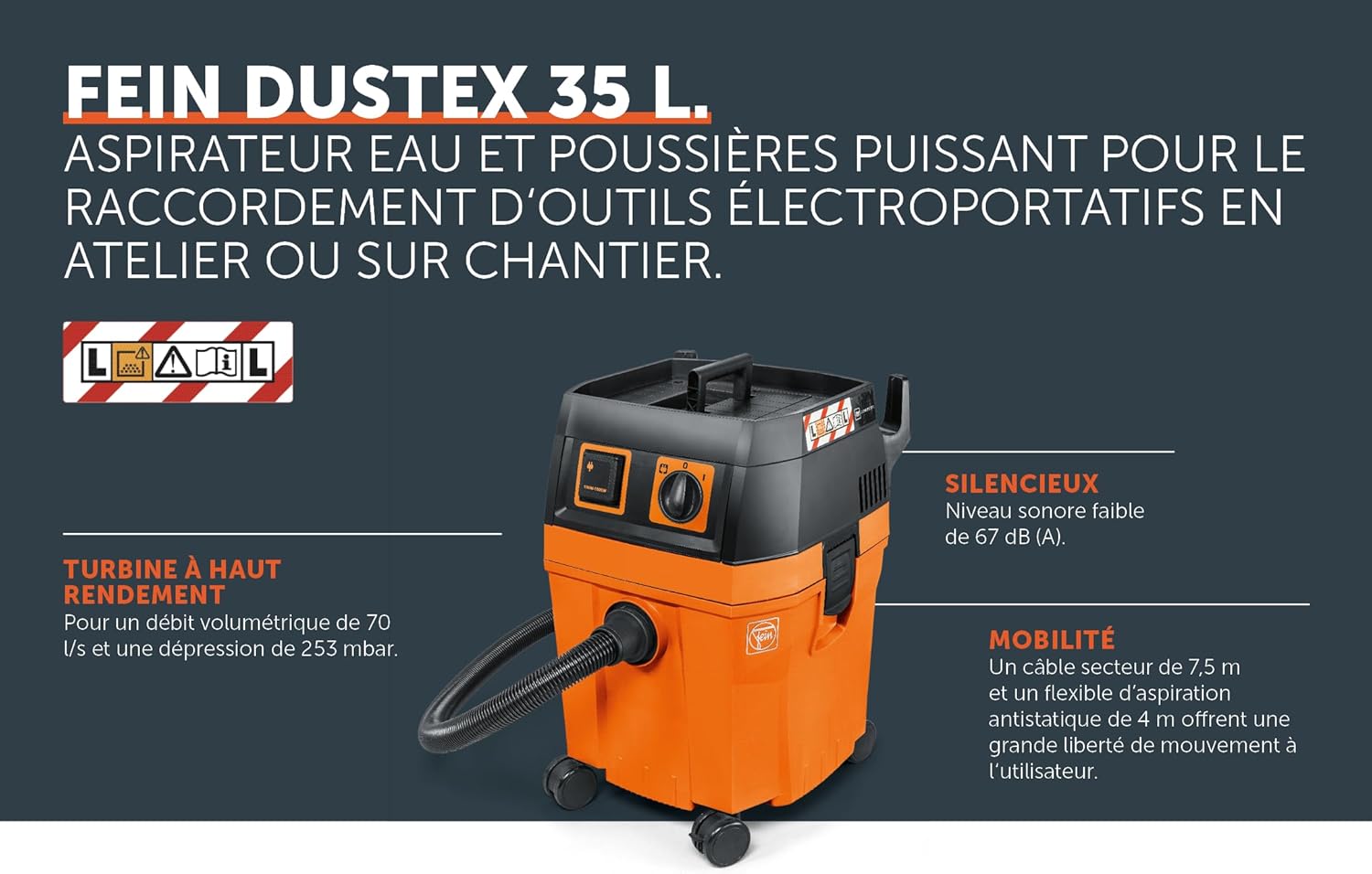 FEIN Dustex 35 L, Aspirateur eau et poussières puissant pour le raccordement d'outils électroportatifs en atelier ou sur chantier. Câble avec fiche 7.5 m, Puissance absorbée 1 380 W – Image 5