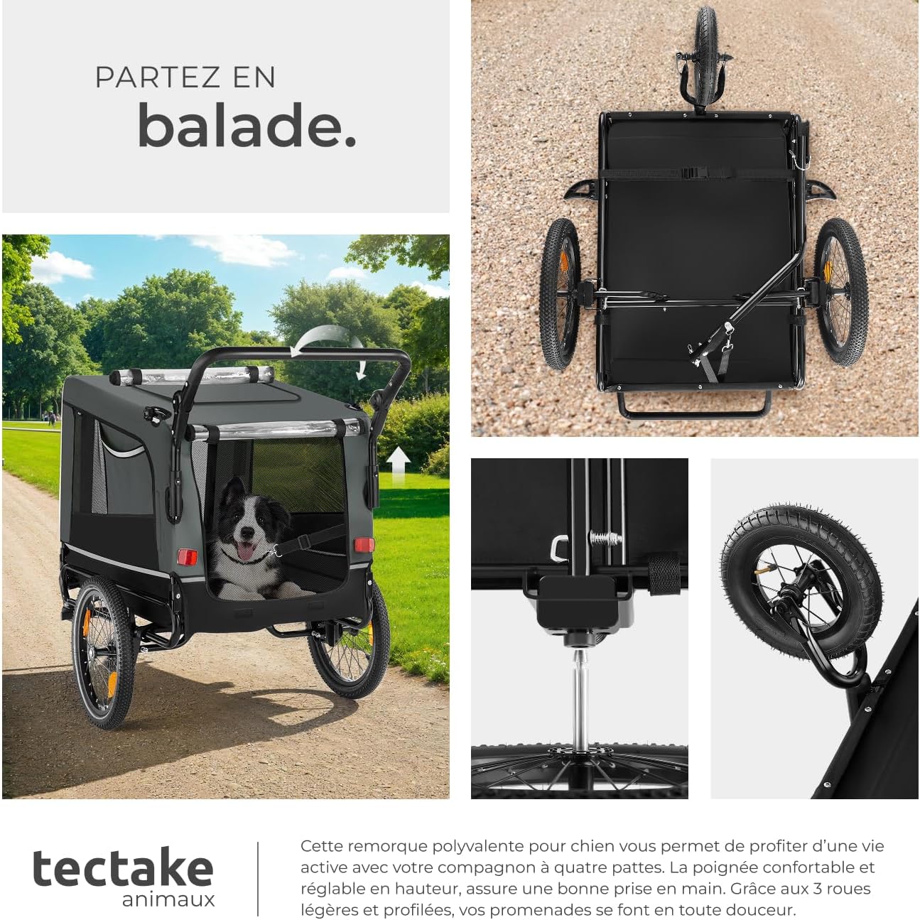 tectake® Remorque Velo Chien 3 en 1 Pliable avec Reflecteurs, Drapeau, Remorques Vélo pour Chiens Aussi comme Poussette Chien Animaux de Compagnie de Taille Moyenne Charge Maximale 40 kg – Image 7