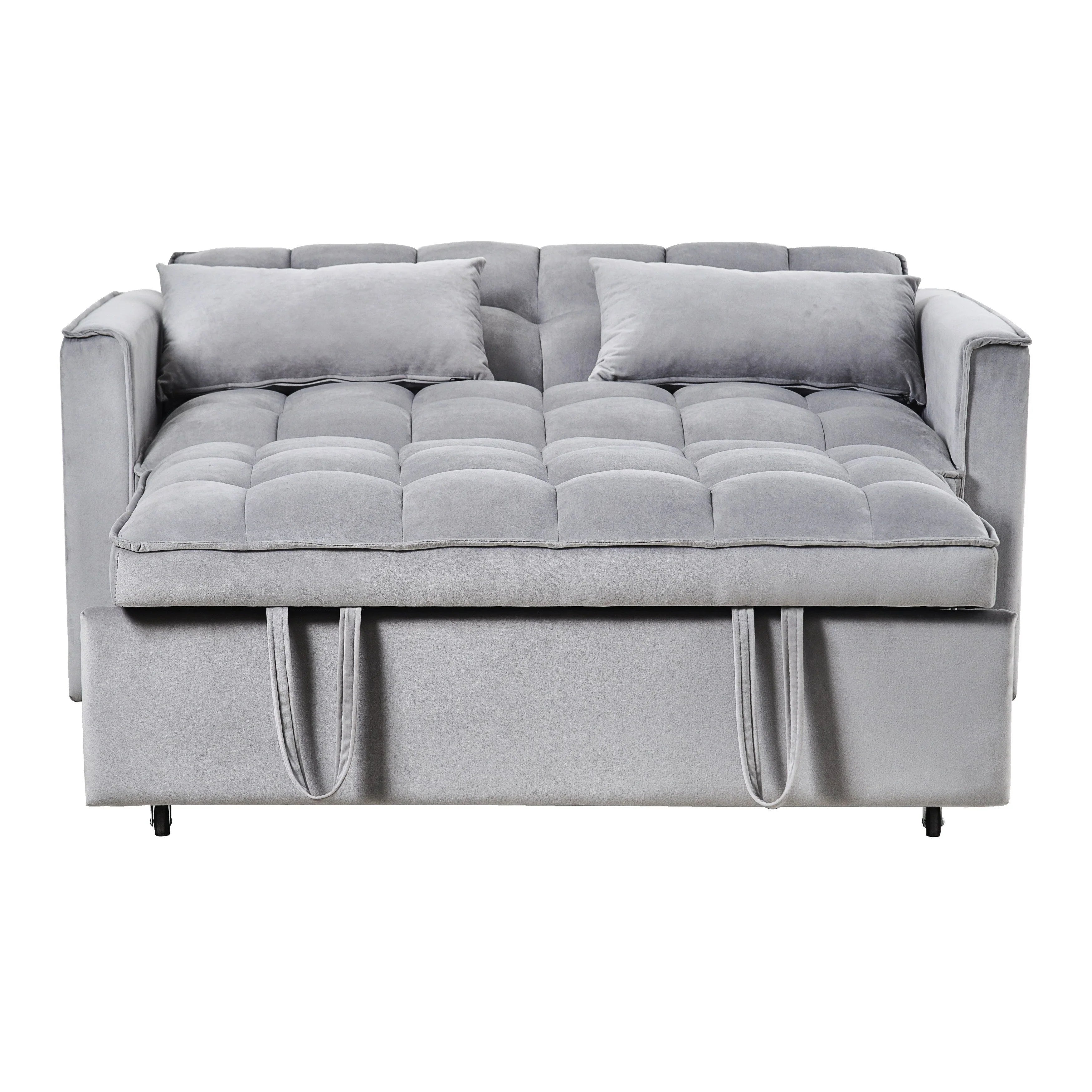 Modern Pull-Out Couch Bed, 3-in-1 Sleeper Sofa with Adjustable Backrest, Velvet Loveseat, Pillows & Side Pockets – Image 11