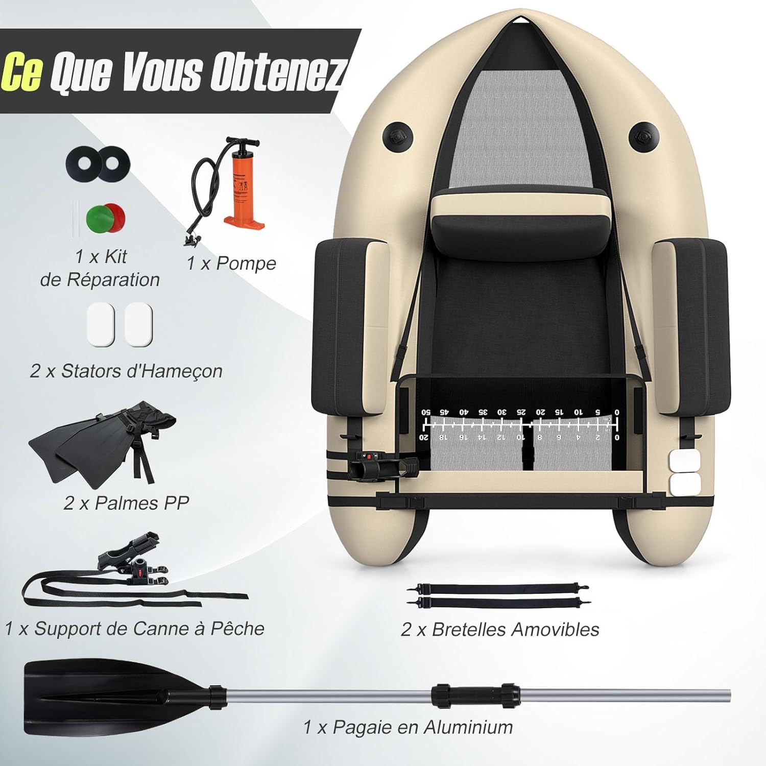 GYMAX Bateau Pêche Gonflable Portable, avec Pagaie, Règle à Poisson, Porte-Canne, Palmes, Pompe, Poches de Rangement, Tansport Pratique avec Bandoulières – Image 4