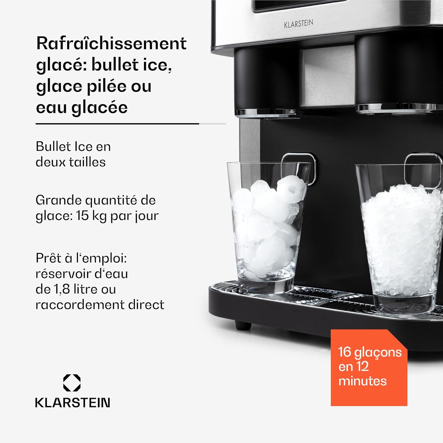 Klarstein Machine a Glacons pour la Maison, Capacité de 1.8L, Fabrique Rapidement Jusqu'à 15kg de Glacons Concassée ou en Balles, Machine à Glaçons, Ice Maker avec Alarme, Machine Facile à Nettoyer – Image 2