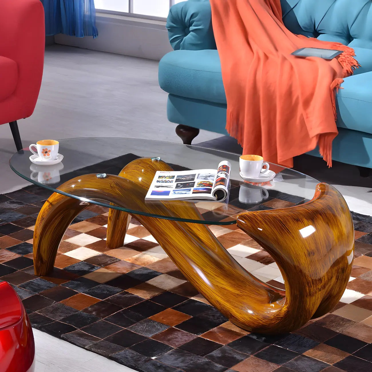Abstract Modern Oval Glass Top Metal Base Coffee Table – Image 18