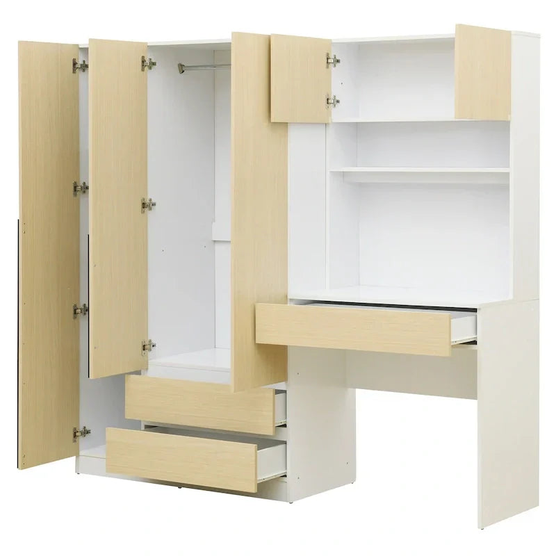 3-in-1 Wardrobe Closet with Vanity Desk, Desk Set, Bedroom Armoire with 2 Drawers 3-Door Storage Desk Wardrobe – Image 23