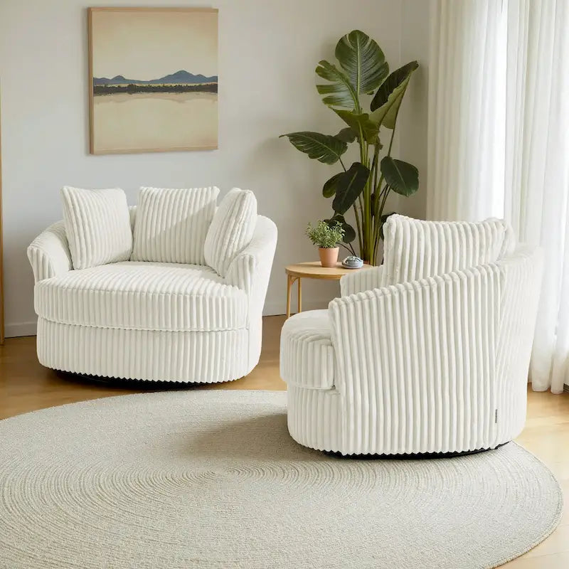 2 Set Oversized 43 W Plush Corduroy Swivel Barrel Chair with Pillows – Image 13