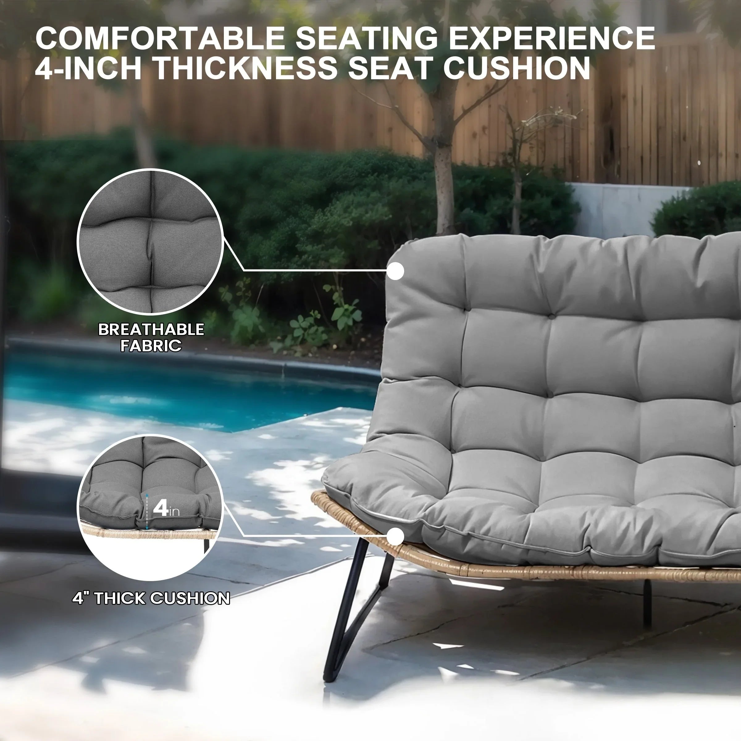 Double Papasan Chair Loveseat with Cushion, All-weather PE Rattan and Metal Frame for Indoor Outdoor – Image 43