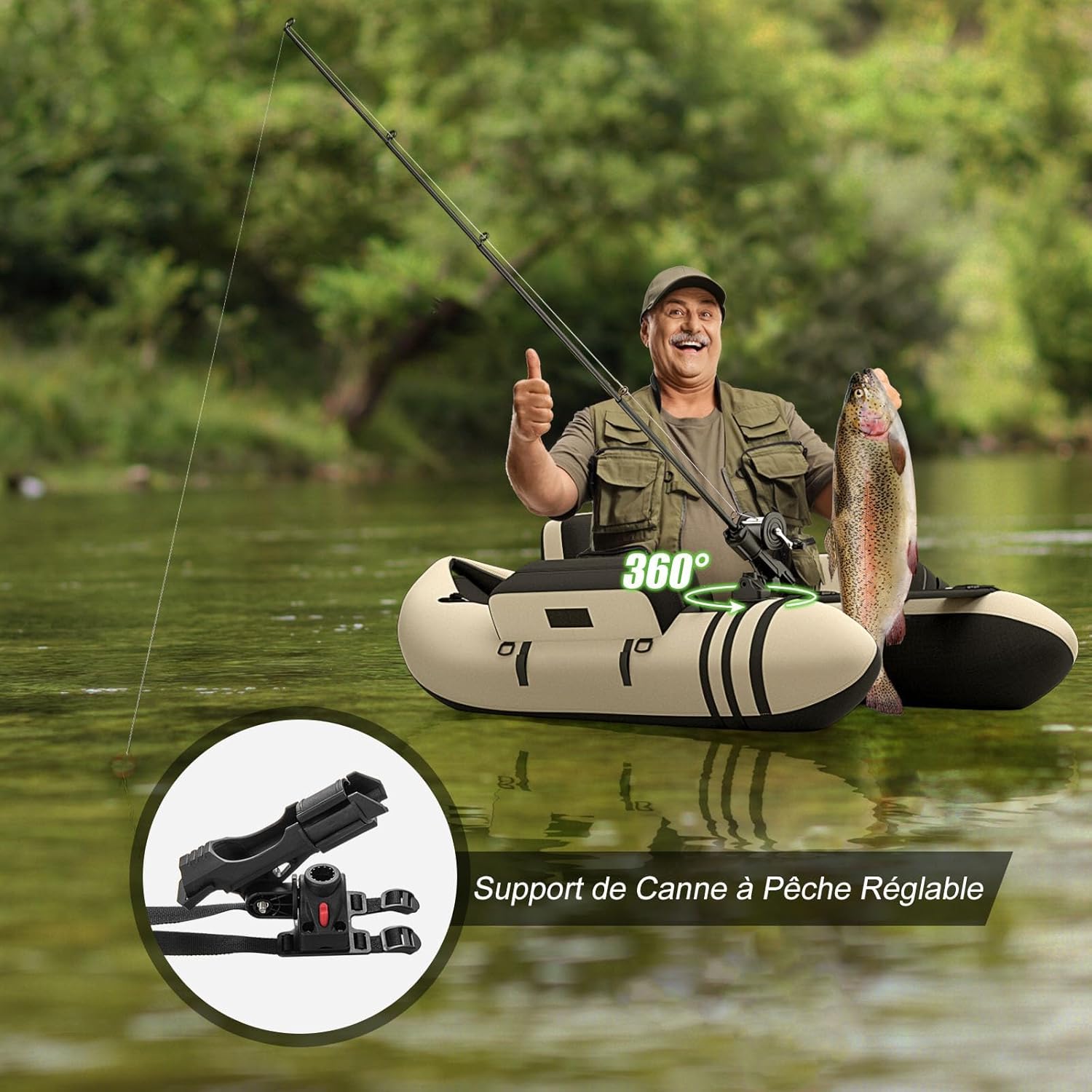 GYMAX Bateau Pêche Gonflable Portable, avec Pagaie, Règle à Poisson, Porte-Canne, Palmes, Pompe, Poches de Rangement, Tansport Pratique avec Bandoulières – Image 7