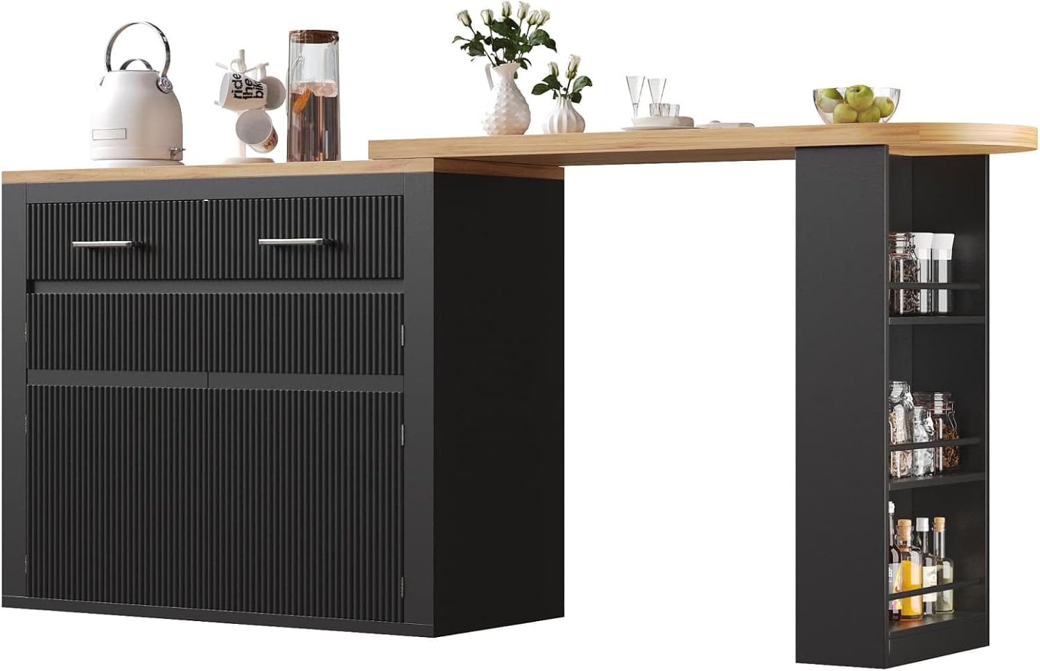 KOMHTOM Table de Bar Extensible avec Espace de Rangement, Meuble Bar avec 2 Portes en Verre, Rotation Libre à 360 °, étagères latérales (Noir-3) – Image 6