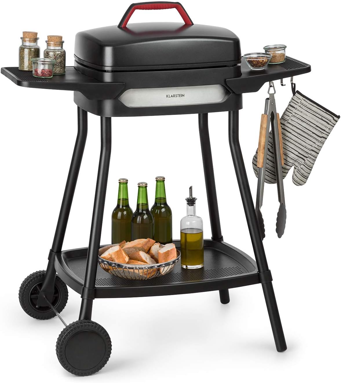 Klarstein Gatsby Gril électrique sur pied Gril de table : 2000 W, EasyGrill Concept, surface de gril: 40 x 36 cm/aluminium moulé sous pression/antiadhésif/couvercle, deux tables d'appoint, noir