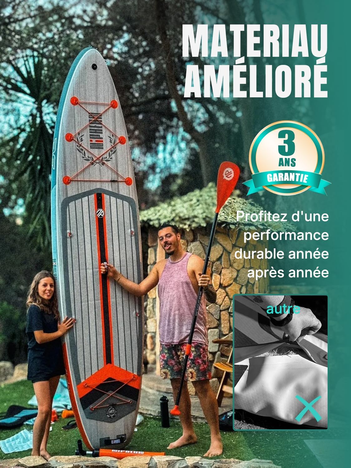 Niphean Extra Large Paddle Gonflable, Sup à 2+1 Personnes/Famille, Planches de Stand Up Paddle Gonflables avec Idéal Débutant Aileron Équilibré, Housse Étanche, Paddle Gonflable Adulte, Cadeaux – Image 7