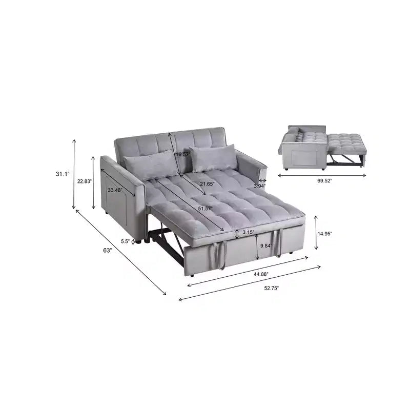 Cement Gray 3 in 1 Velvet Convertible Sleeper Sofa Bed with Pillows and Pockets, Modern Pull Out Couch Bed, Adjustable Backrest – Image 14