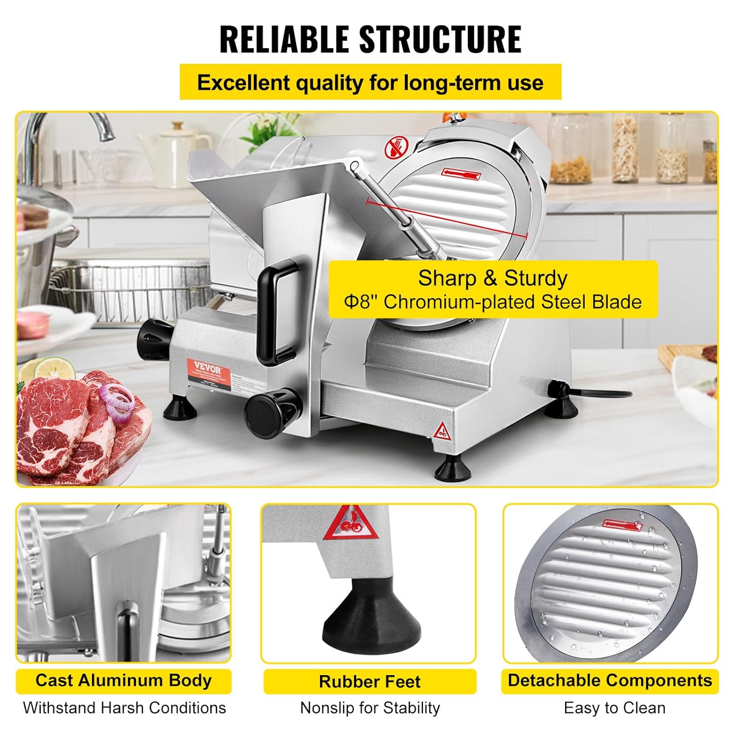 VEVOR Trancheuse Électrique Commerciale 200 W Trancheuse à Jambon Lame 203 mm 350-400 tr/min Trancheuse Charcuterie en Acier Inoxydable et Alu pour Couper en Tranches Viande Fromage Légumes Fruits – Image 5