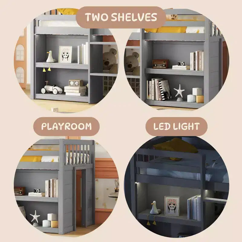 Whisen 79.8''L * 43.9''W Twin Size Kid Low Loft Bed With Two-Tier Shelves And LED Light – Image 5