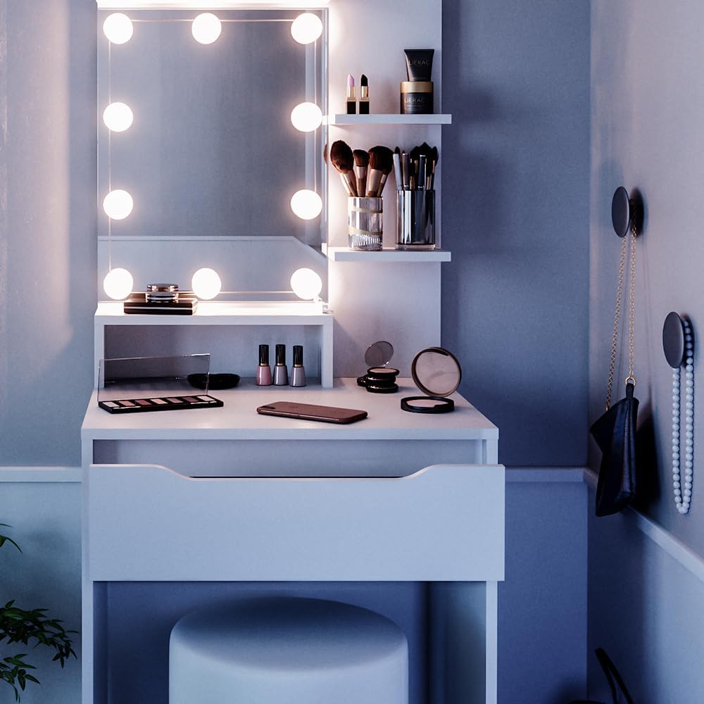 Vicco Coiffeuse Ruben, Blanc, 60 cm avec éclairage LED et Tabouret – Image 5