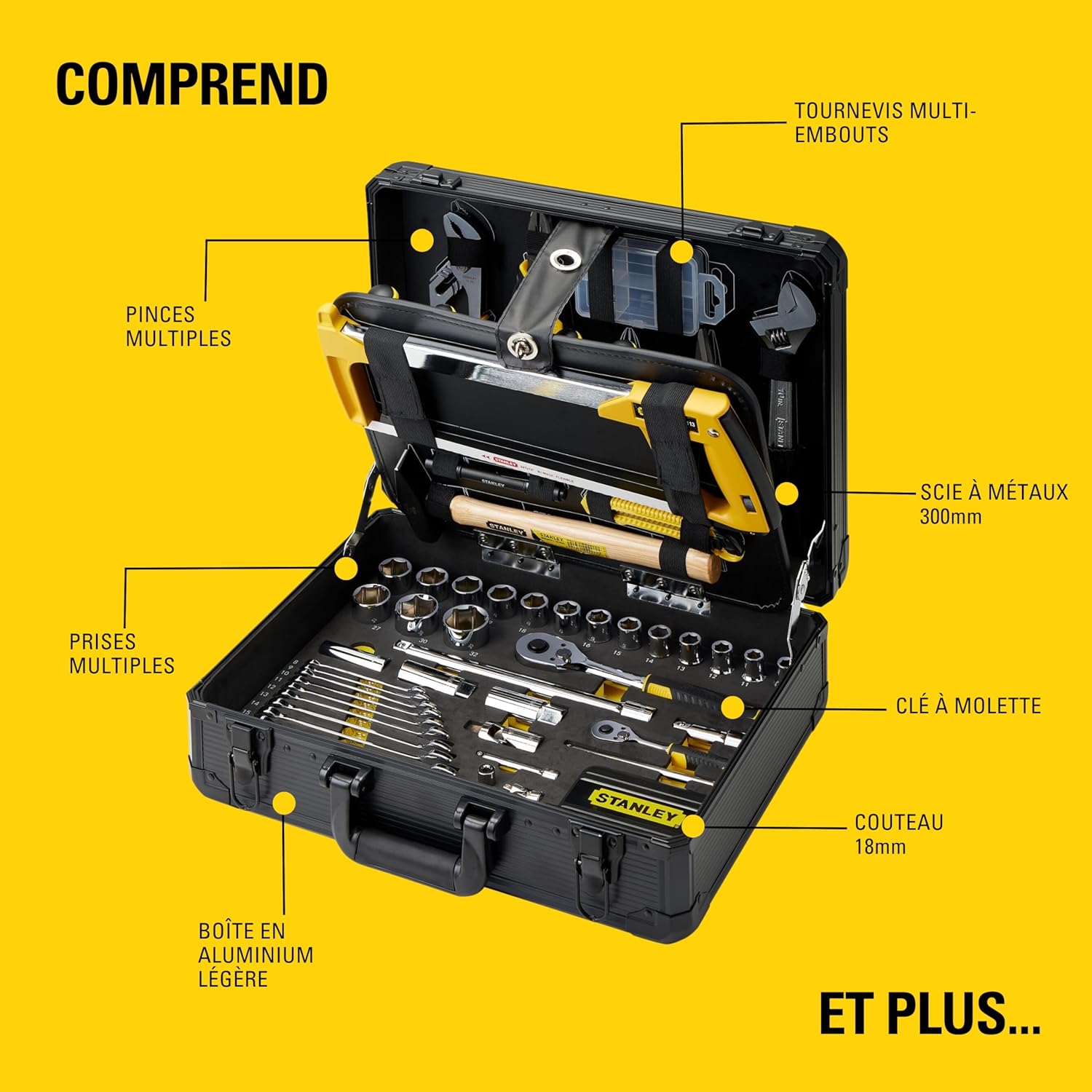 STANLEY Valise de Maintenance 142 Pièces - Pinces et Coupe-Touts, Clé à Molette, Niveau, Mesure, Tournevis, Scie à Métaux, Cutter, Marteau, Outils pour Serrage-Vissage STMT98109-1 – Image 8