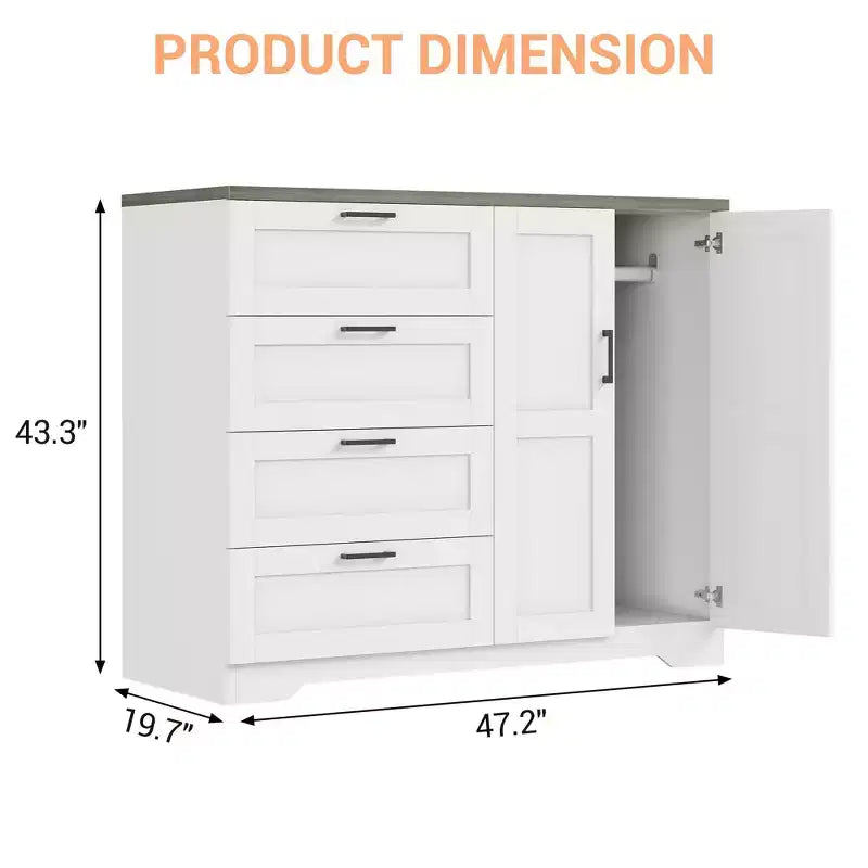 43.3'' H Multifunctional Wooden Dresser, 2 Door Wardrobe Armoire Closet with 4 Drawers and Hanging Rod, Wooden Dresser Cabinet for Bedroom – Image 4