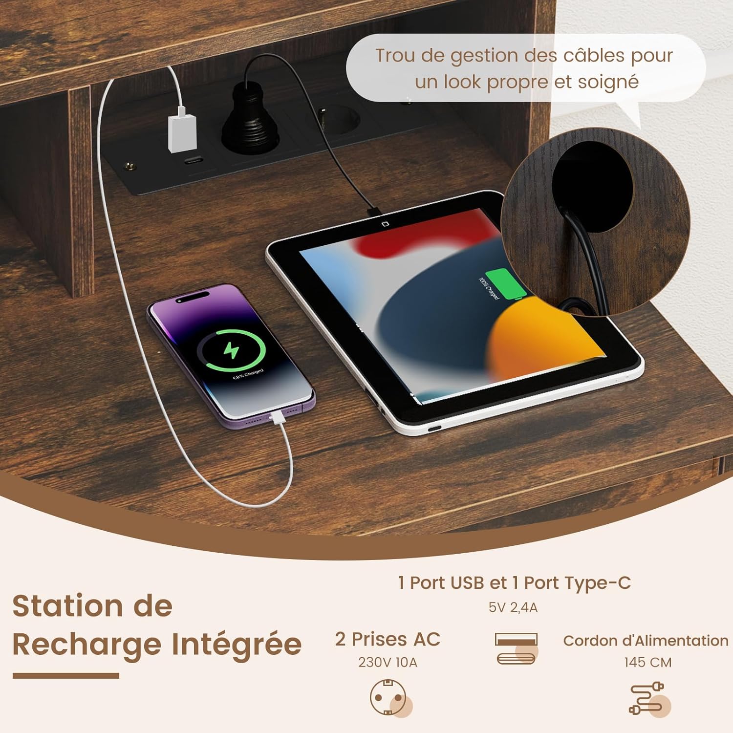 COSTWAY Coiffeuse avec Miroir et Tabouret, Coiffeuse avec Rangement, Station de Charge, 3 Couleurs de Lumière, Table de Maquillage 108 cm de Large, 3 Compartiments, 3 Tiroirs, 2 Armoires Industriel – Image 5