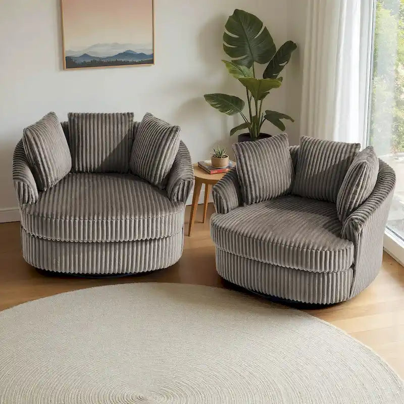 2 Set Oversized 43 W Plush Corduroy Swivel Barrel Chair with Pillows – Image 2