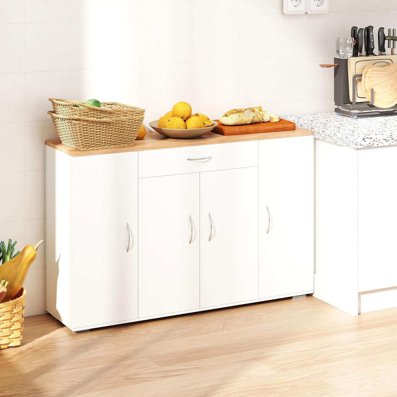 Meuble Cuisine Rangement avec Plan de Travail avec 4 Portes et 1 tiroir, Meuble de Rangement Cuisine Blanche Moderne – Image 5