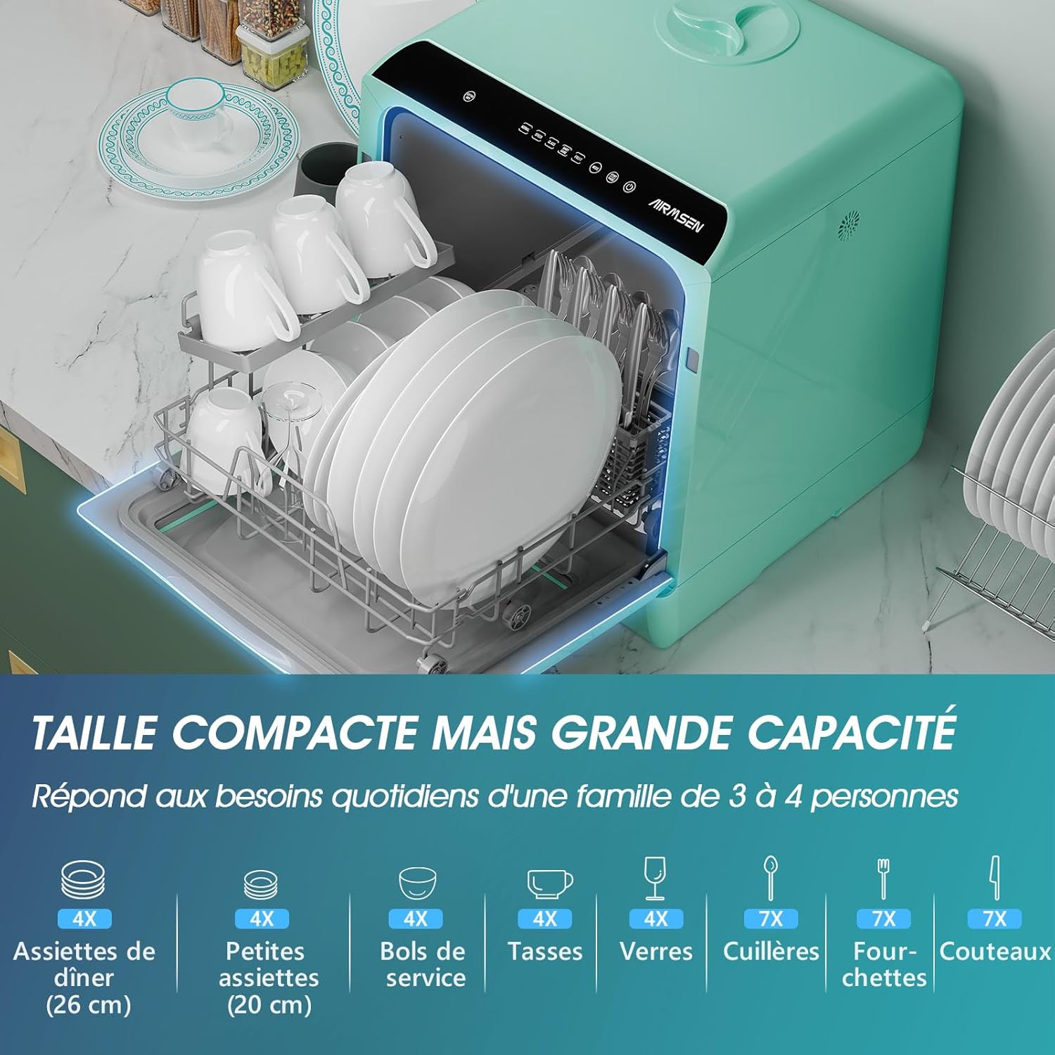 AIRMSEN Mini Lave-Vaisselle de Comptoir, 5+1 Programmes, Réservoir d'Eau de 5L, Contrôle Tactile et Écran LED, Adapté pour les Cuisines Familiales, Appartements et Dortoirs, Vert – Image 3